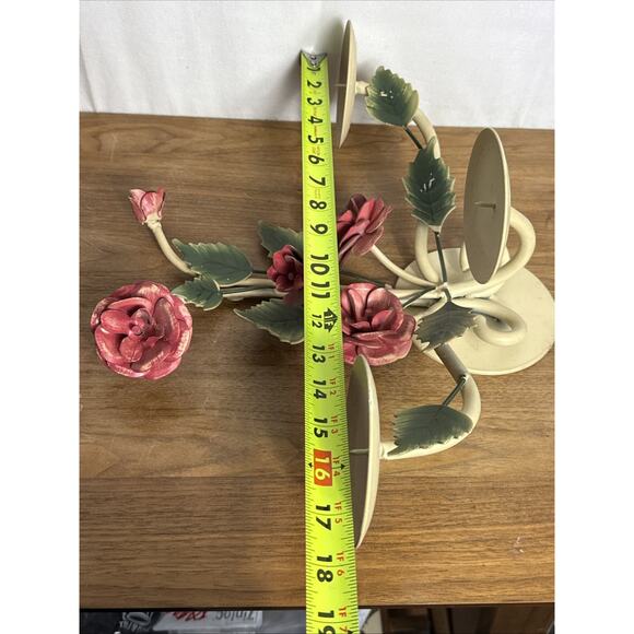 Vintage Italian Toleware Candleholder Pink Roses Shabby Feminine Floral Decor - Picture 3 of 9